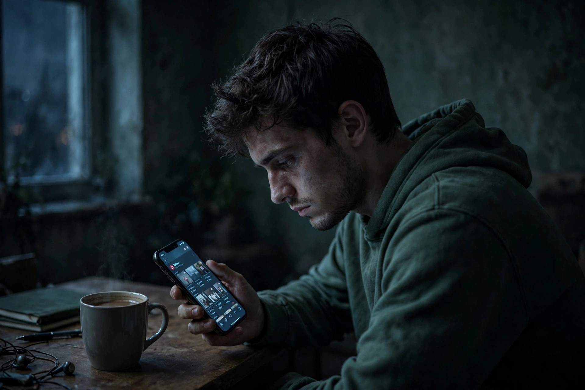 Late at night, a creator stares disappointed at his phone — Pinterest open, but no views coming