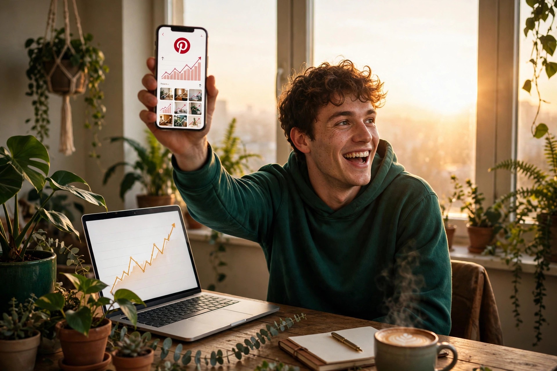 Excitement at sunrise: a creator holds up his phone showing Pinterest growth, charts rising on the laptop beside him