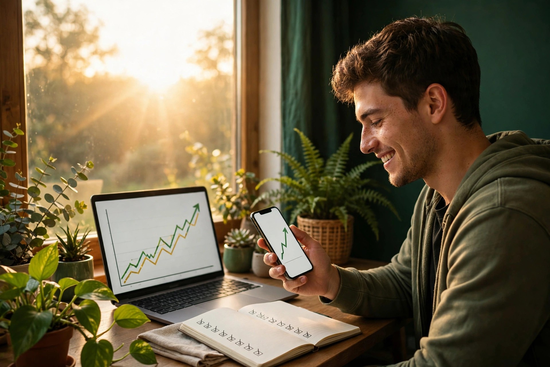Morning light: a creator smiles at rising growth, a checked 30-day plan beside the laptop