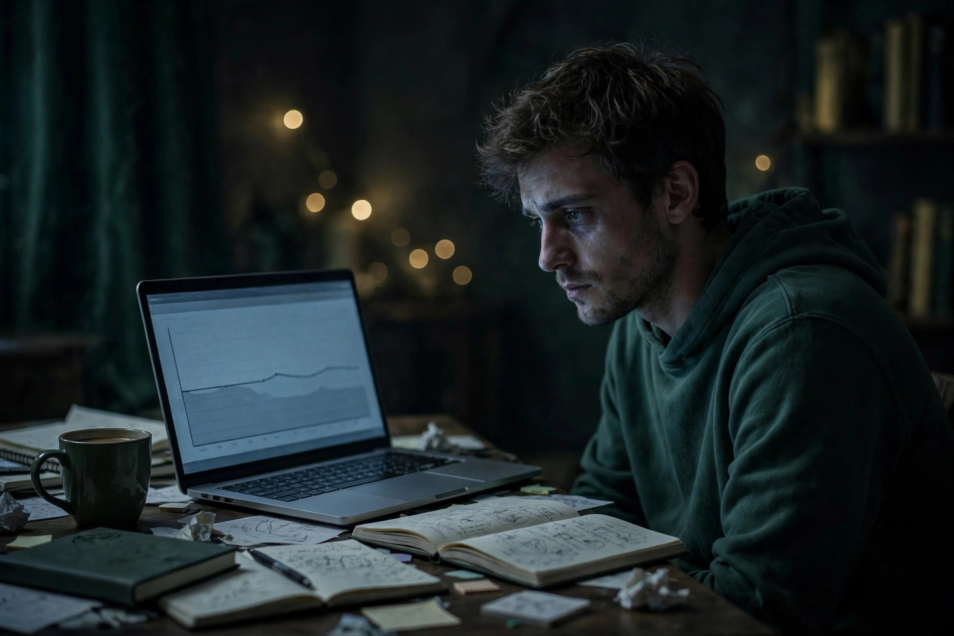 Late at night, a creator stares at a screen showing no engagement — posting into silence